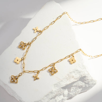 Collier à breloques Charms Fleurs Cristal & Acier Doré