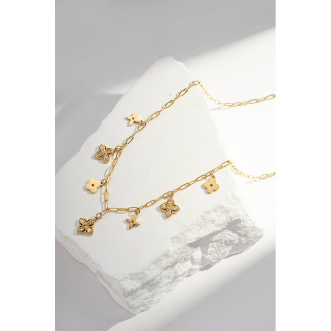Collier à breloques Charms Fleurs Cristal & Acier Doré