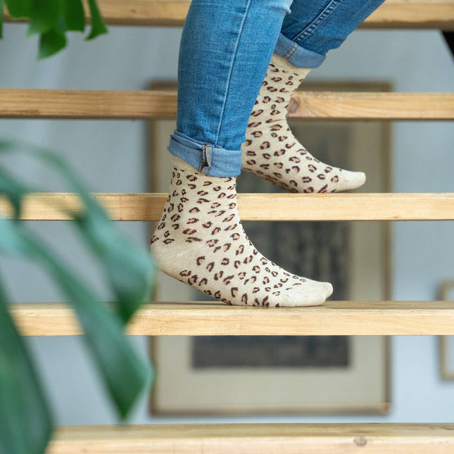 Chaussettes en coton peigné Léopard - Beige : Taille unique