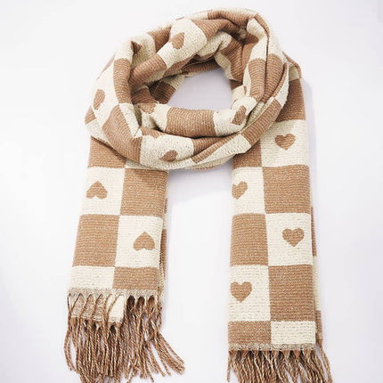 Écharpe en laine motif damier et cœur