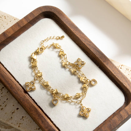 Bracelet Charms Trèfle & Cœur Cristal Acier Inoxydable Doré