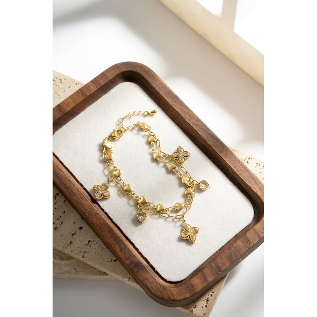 Bracelet Charms Trèfle & Cœur Cristal Acier Inoxydable Doré