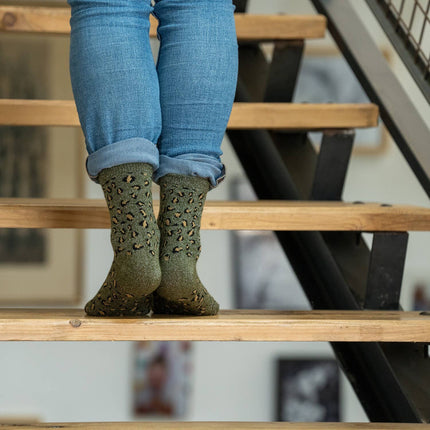 Chaussettes en coton peigné Léopard - Kaki : Taille unique