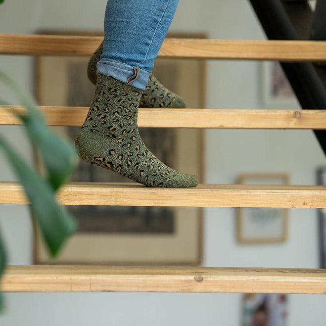 Chaussettes en coton peigné Léopard - Kaki : Taille unique
