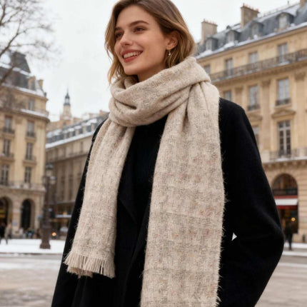 Echarpe à motifs à carreaux et fils argentés en laine - Beige