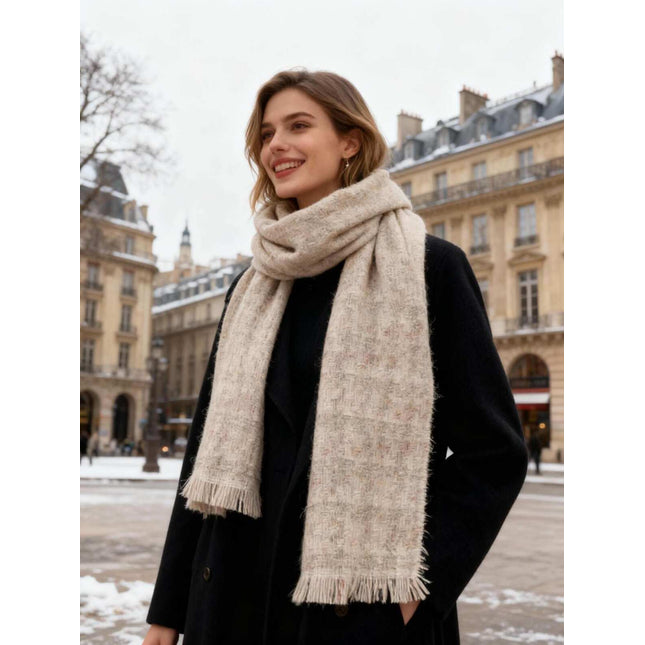 Echarpe à motifs à carreaux et fils argentés en laine - Beige