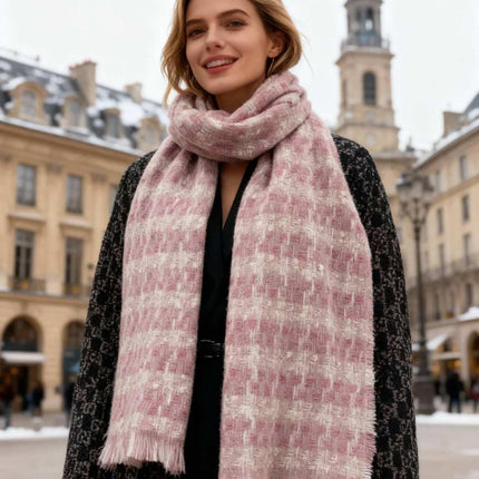 Echarpe à motifs à carreaux et fils argentés en laine - Rose
