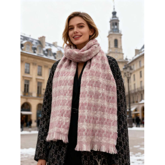 Echarpe à motifs à carreaux et fils argentés en laine - Rose
