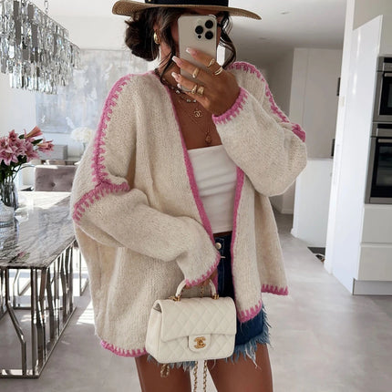 Gilet ouvert avec détails bordures - crème et rose